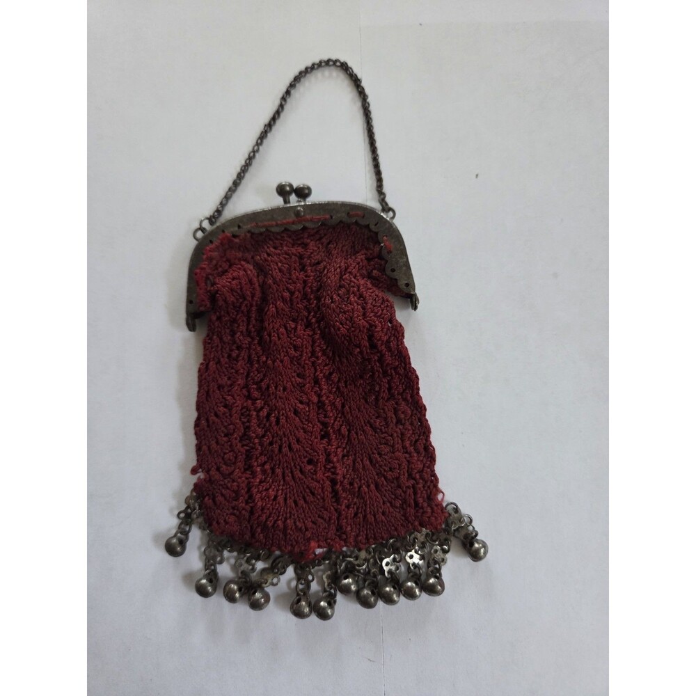Antique Edwardian Crocheted‎ Coin Purse Burgundy Kiss Lock Chain Fringe c.1900